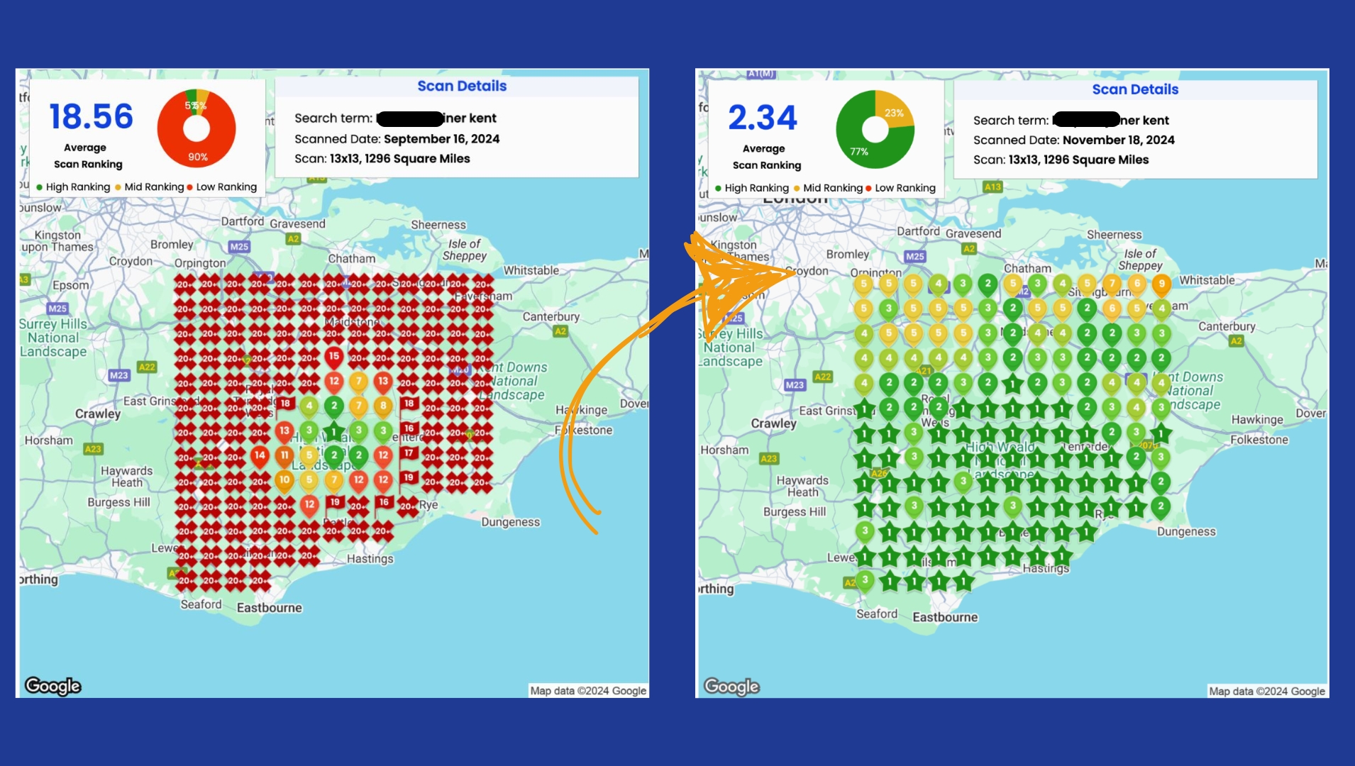 Before and after local search visibility map showing dramatic improvement